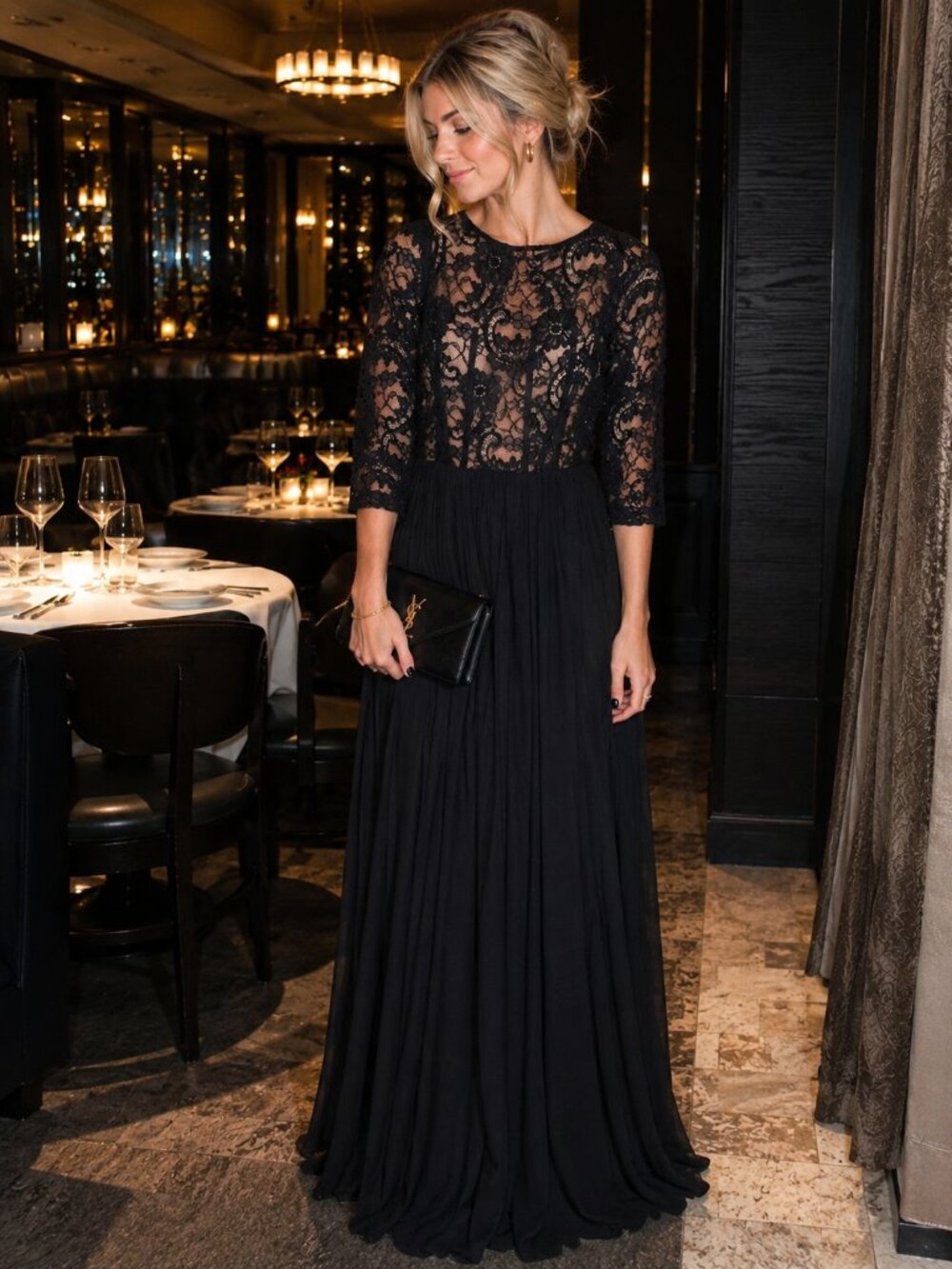 Black Lace Formal Gown with Sheer Floral Bodice